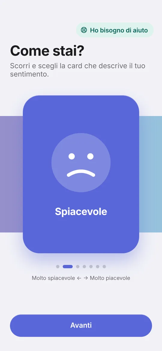 La schermata Come stai? con le card dei sette stati d'animo.